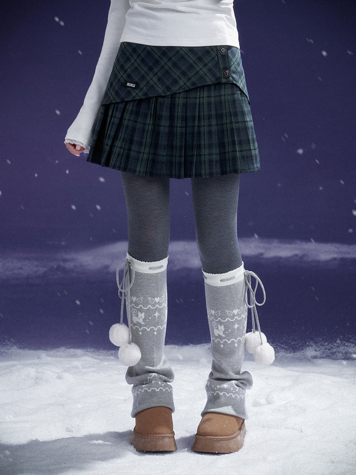 Dark Green Plaid Button Pleated Mini Skirt