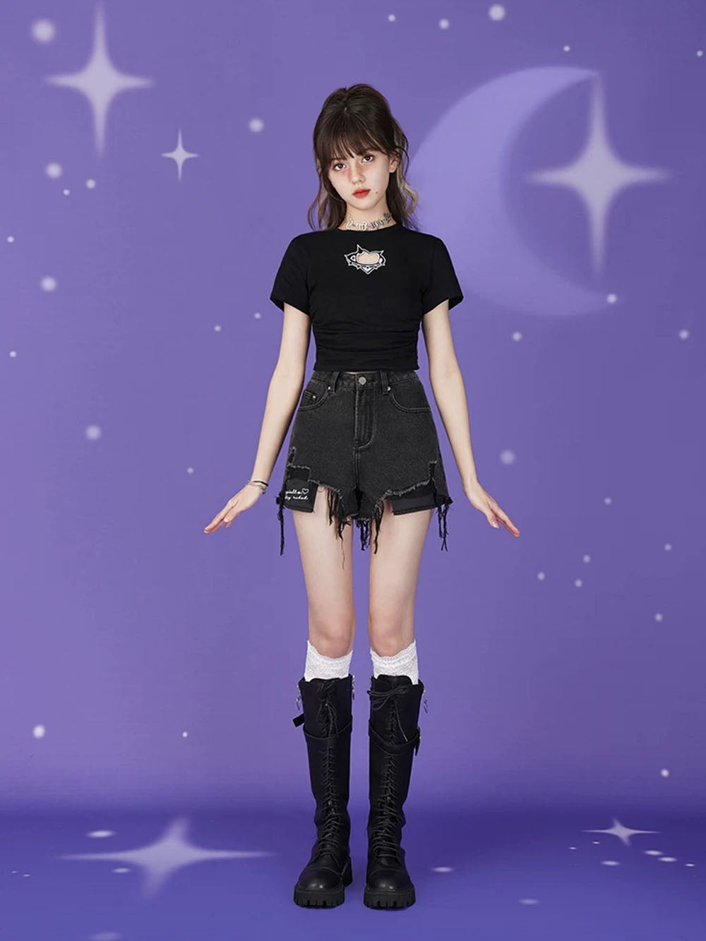 Black Distressed Patchwork Shorts