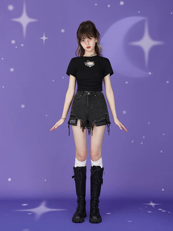 Black Distressed Patchwork Shorts