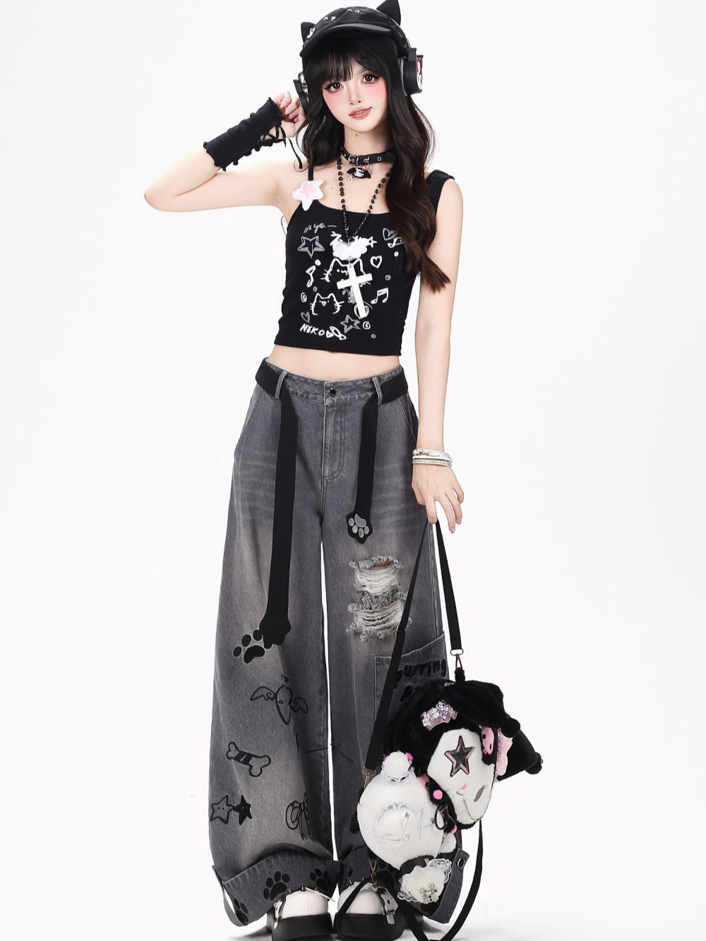 Purring Paws Distressed Plaid Cuff Wide Leg Jeans