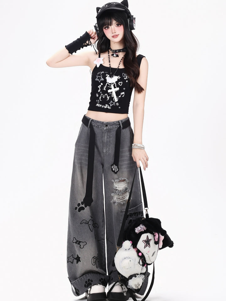 Purring Paws Distressed Plaid Cuff Wide Leg Jeans