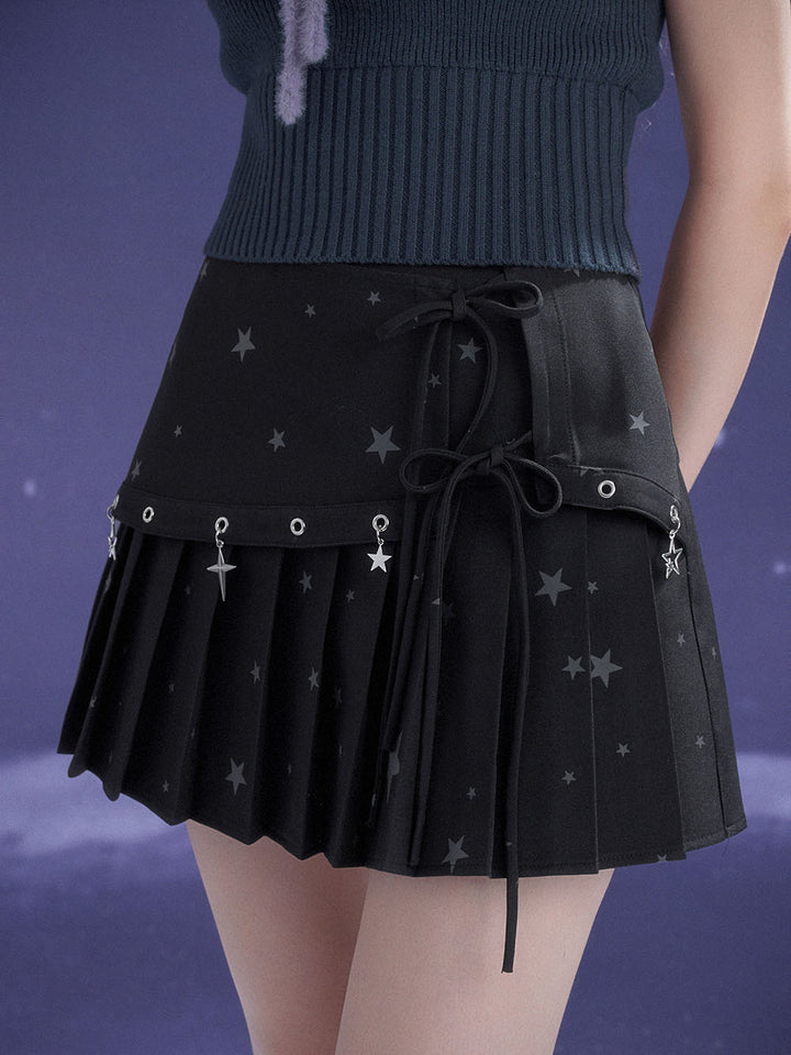 Black Star Charm Bow Pleated Mini Skirt