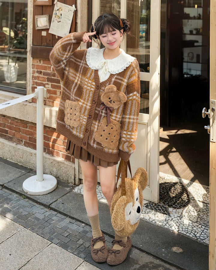 Cookie Bear Plaid Sweater Beige Shirt