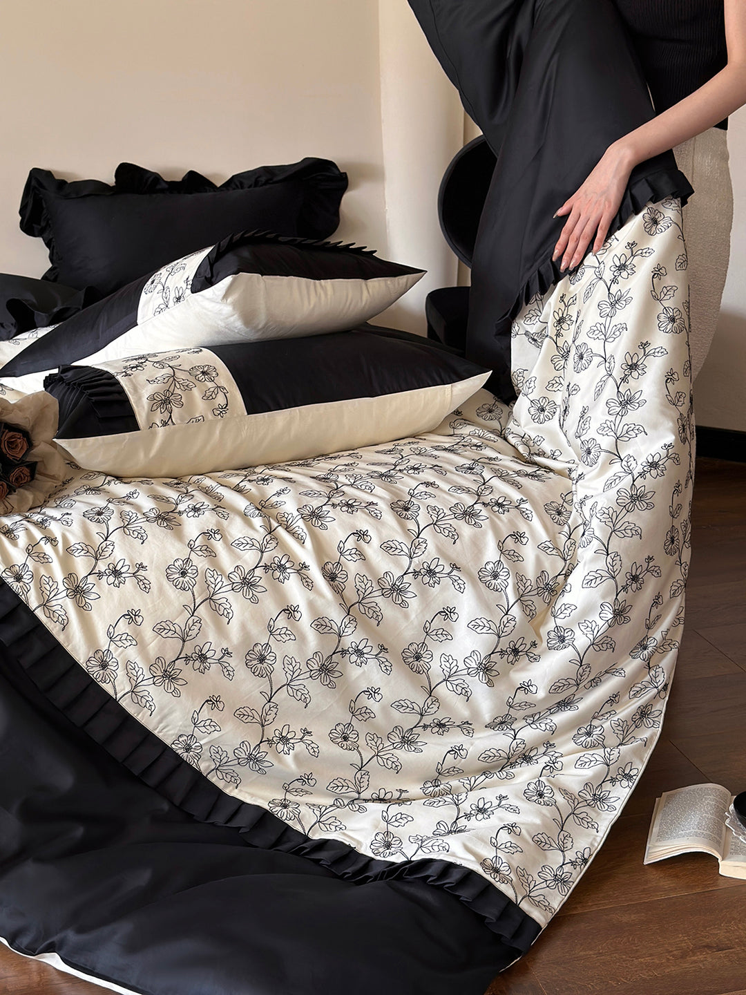 Vintage Floral Embroidery Black White Cotton Duvet Cover