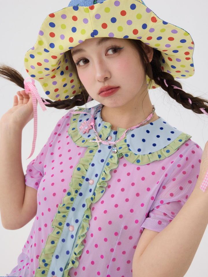 Pink Polka Dot Ruffle Collar Shirt