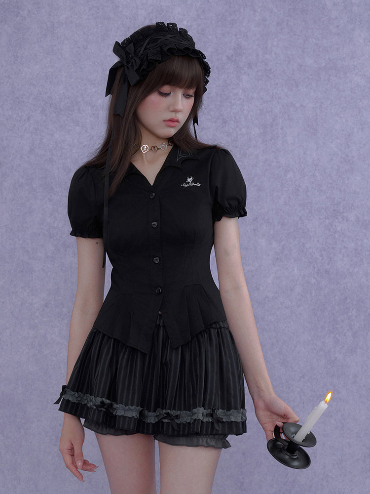 Pinstripe Ruffle Lace Bow Mini Skort
