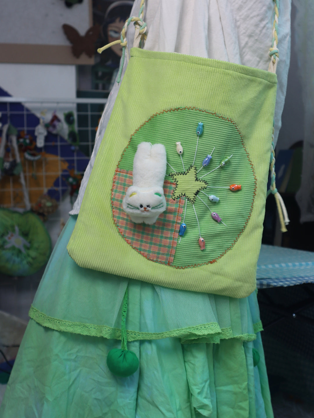 Cat Patch and Fish Beads Green Crossbody Bag
