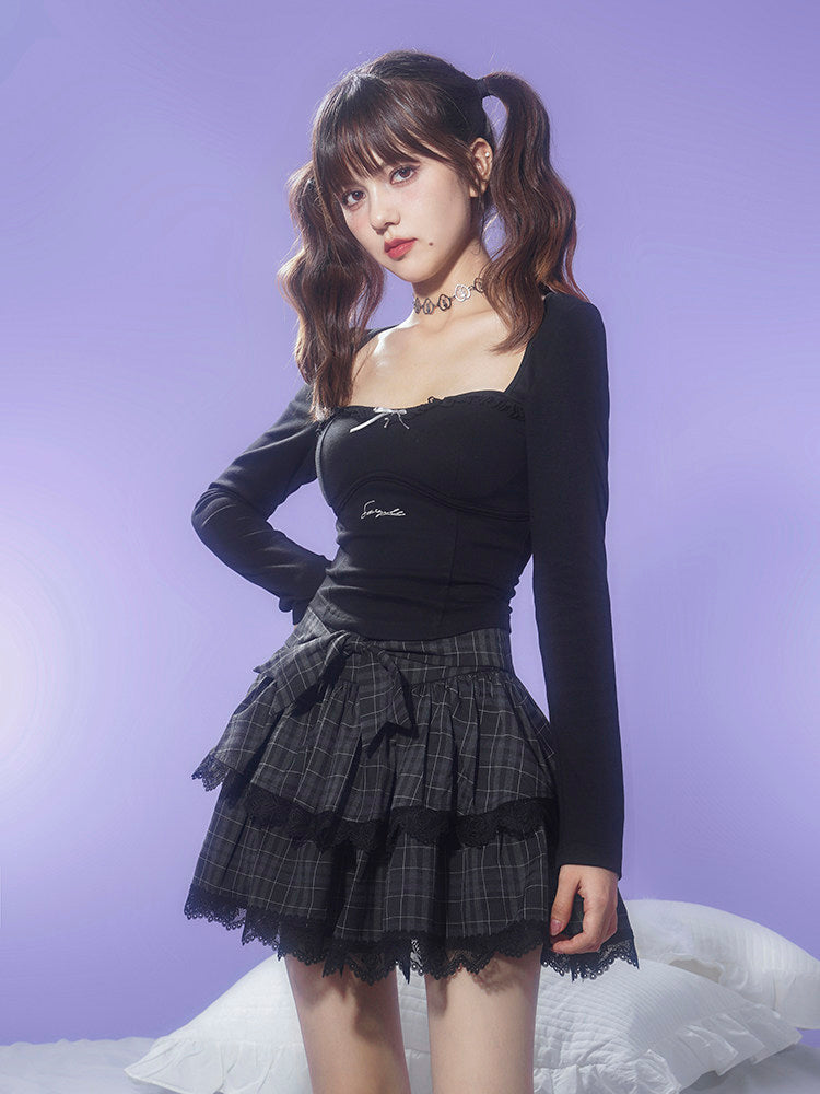 Gray Plaid Bow Lace Tiered Mini Skirt