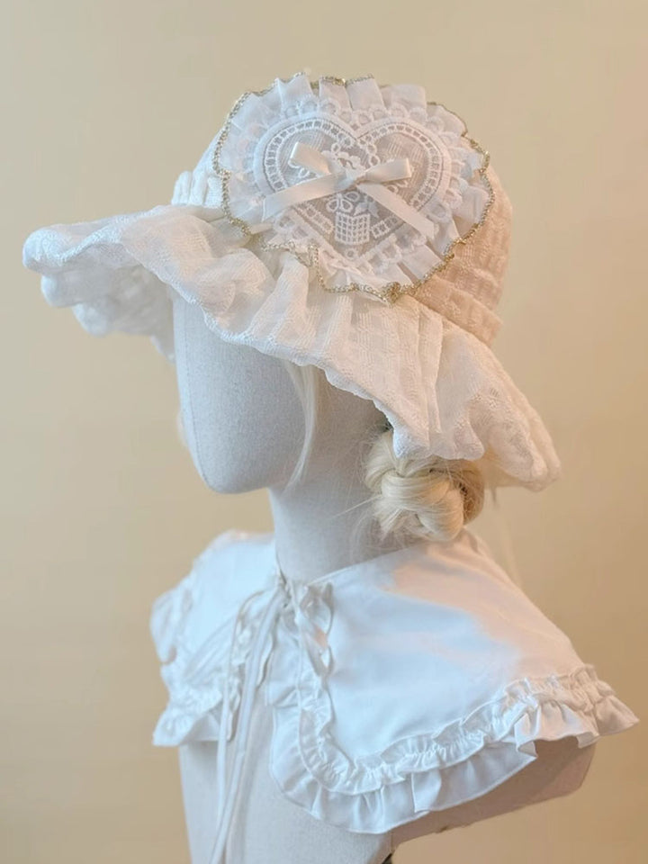 White Lace Heart Bow Ruffle Bucket Hat