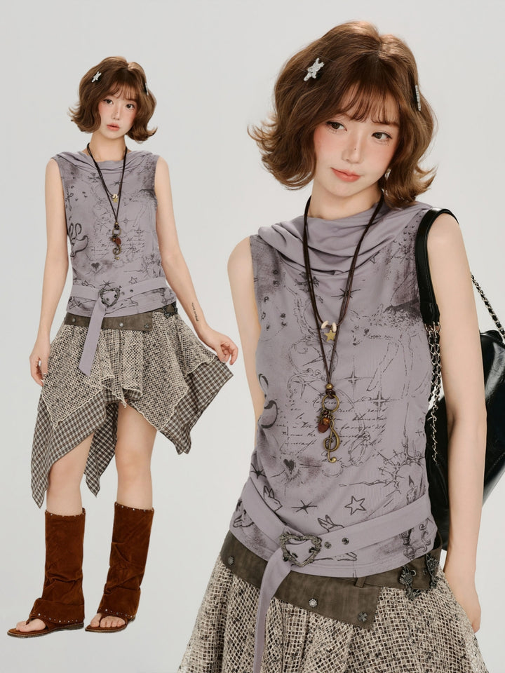 Celestial Graphic Cowl Neck Hooded Tank