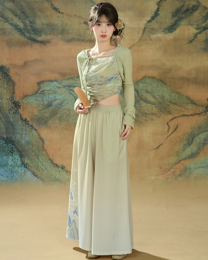 Chinese-style Printed Chiffon Wide-leg Pants