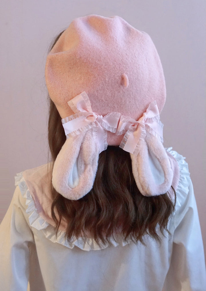 Pink Bunny Ear Bow Wool Beret
