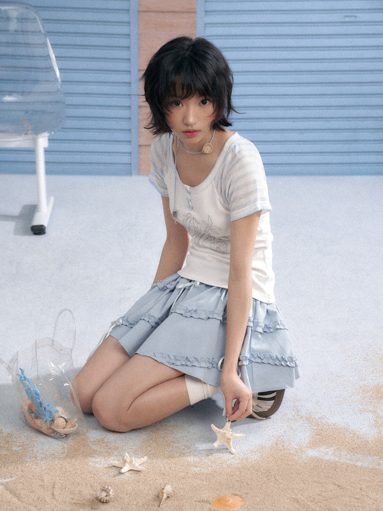 Kawaii Jellyfish Starfish Stripe Sleeve T-shirt