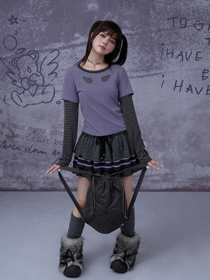Charcoal Polka Dot Striped Tiered Mini Skirt