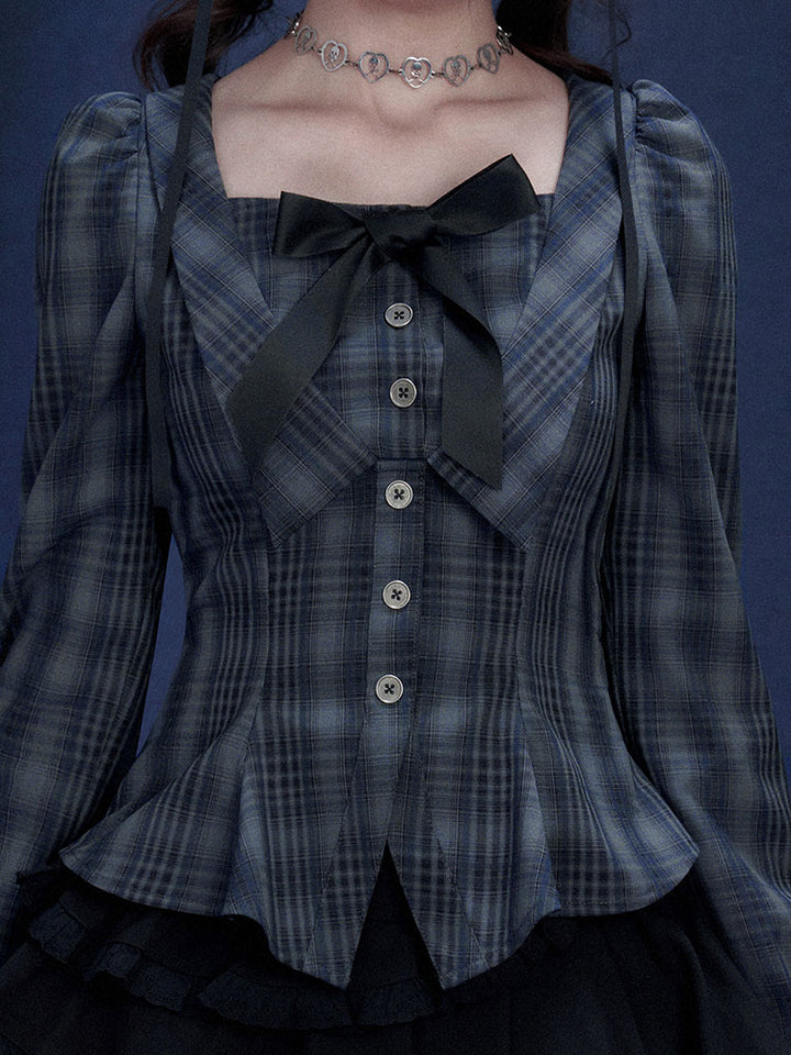 Jirai Plaid Bow Corset Long Sleeve Top