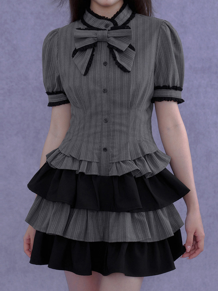 Pinstripe Tiered Ruffle Gothic Smock Dress