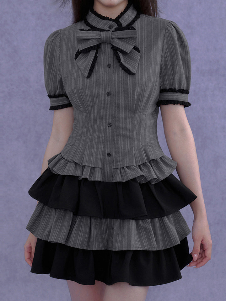 Pinstripe Tiered Ruffle Gothic Smock Dress