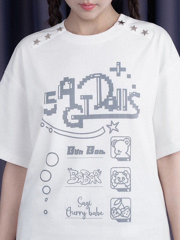 Whimsical Star Studded Pixel Graphic T-shirt