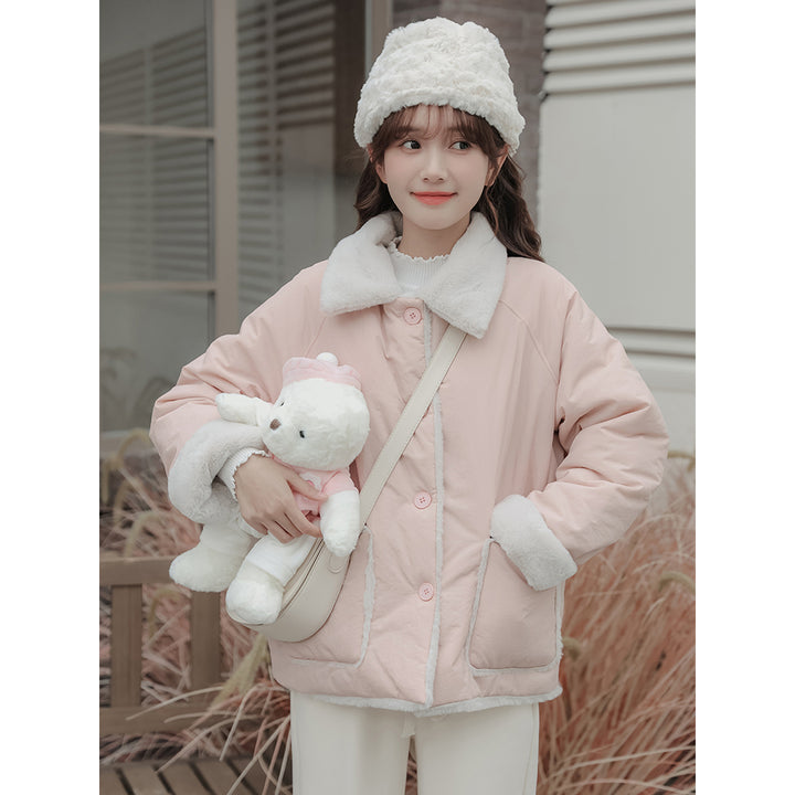 Thickened Pink Short Cotton Padded Coat for Autumn Winter