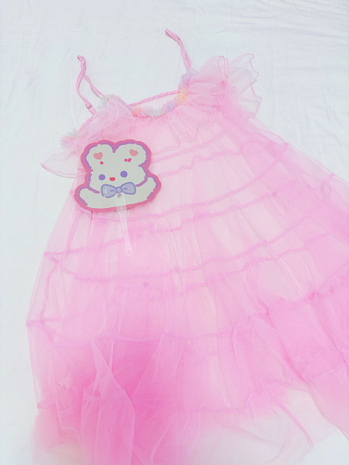 Pink Sheer Ruffle Tiered Cami Dress