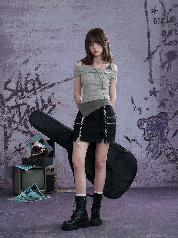 Subcul Grunge Off-Shoulder Asymmetric Ribbed Top
