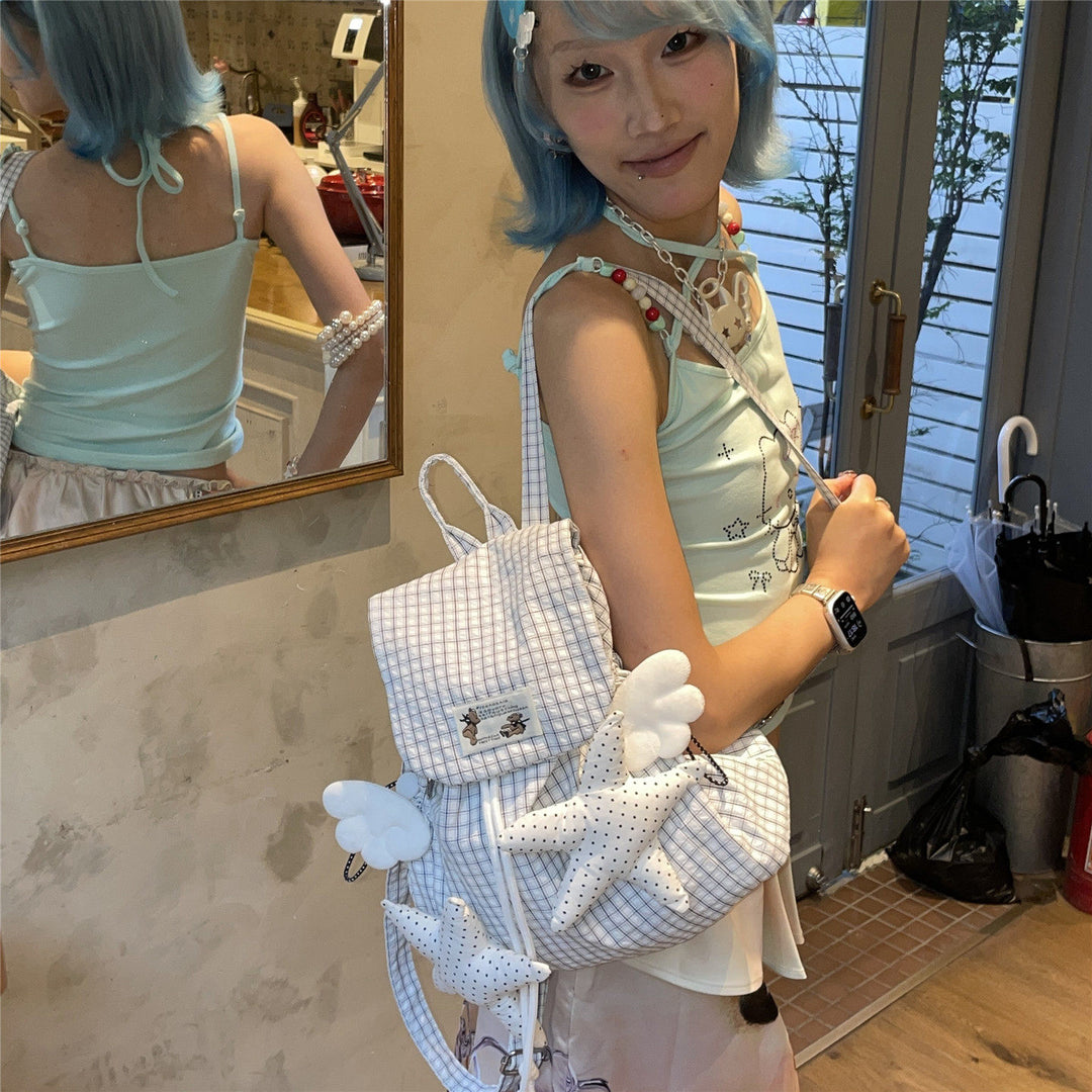 Angel Wings & Polka Dot Stars Grid Drawstring Backpack