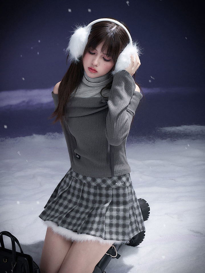 Gray Plaid Fuzzy Trim Pleated Mini Skirt