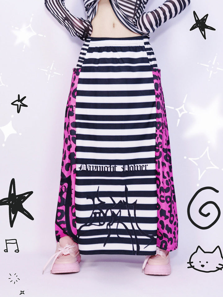 Pink Leopard Stripe Graphic Maxi Skirt
