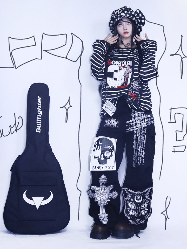 Black Gothic Cat Cross Cargo Pants