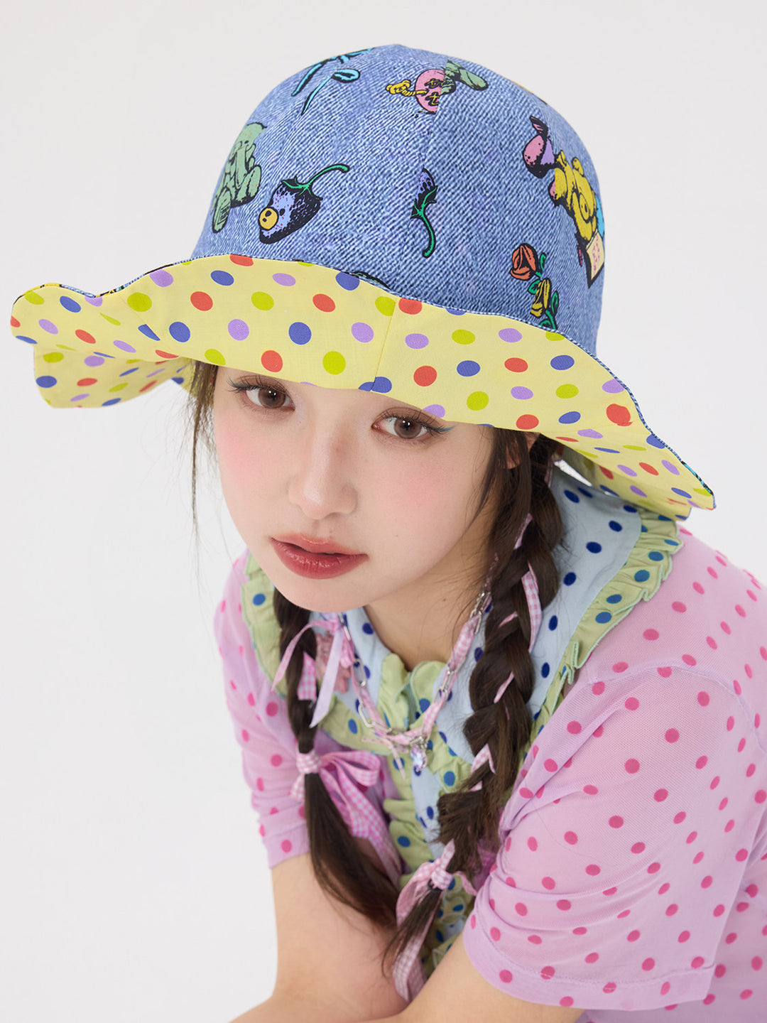 Blue Cartoon Polka Dot Wavy Bucket Hat