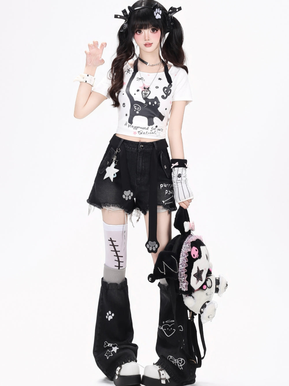 Distressed Denim Shorts With Graphic Print Leg Warmers