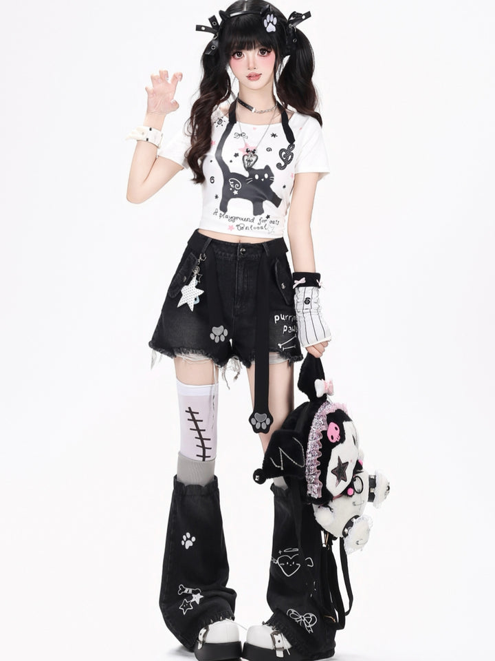Distressed Denim Shorts With Graphic Print Leg Warmers