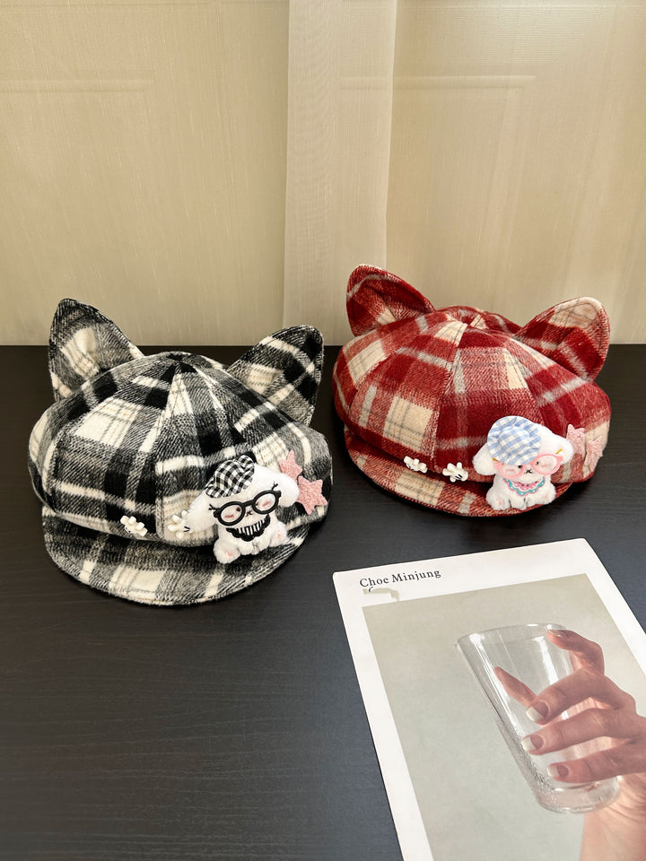 Plaid Kitten Ear Cap with Plush Puppy Detail
