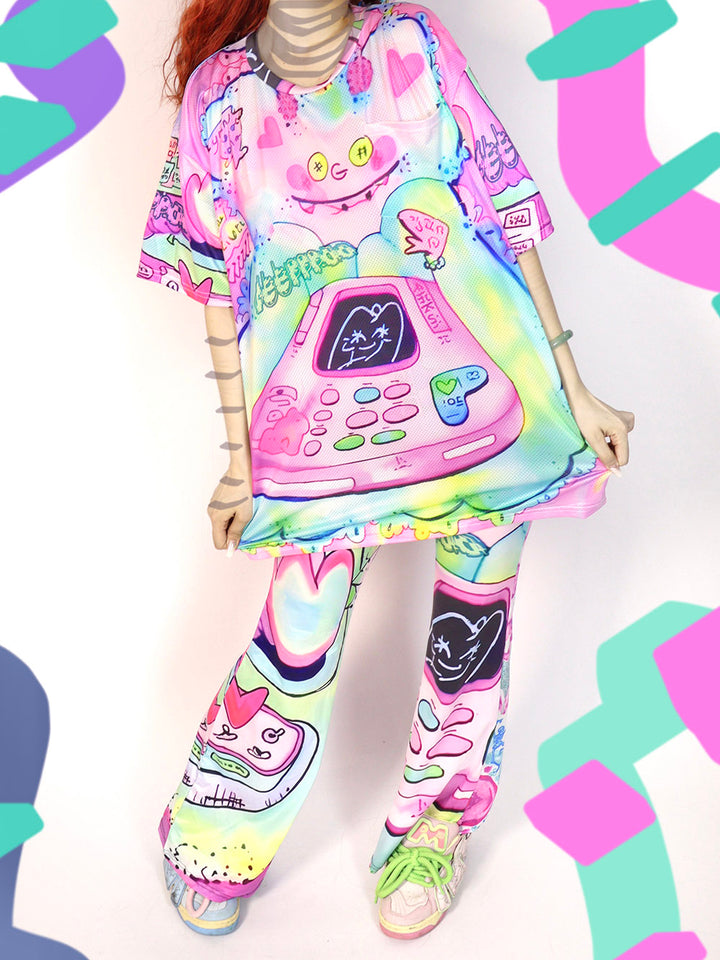 Y2K Pastel Phone Graphic Wide Leg Pants