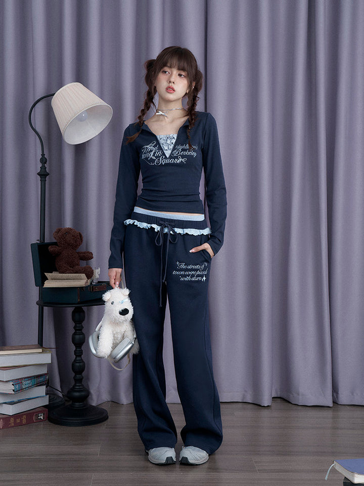 Navy Ruffle Waist Wide Leg Pants