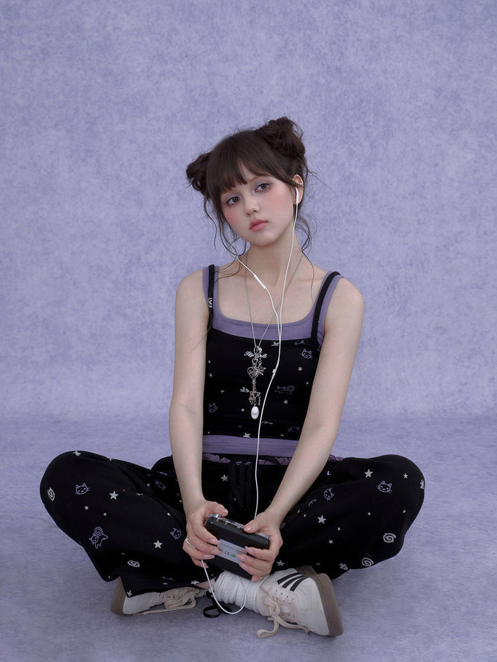 Black Cat Star Print Ruffle Wide Leg Pants
