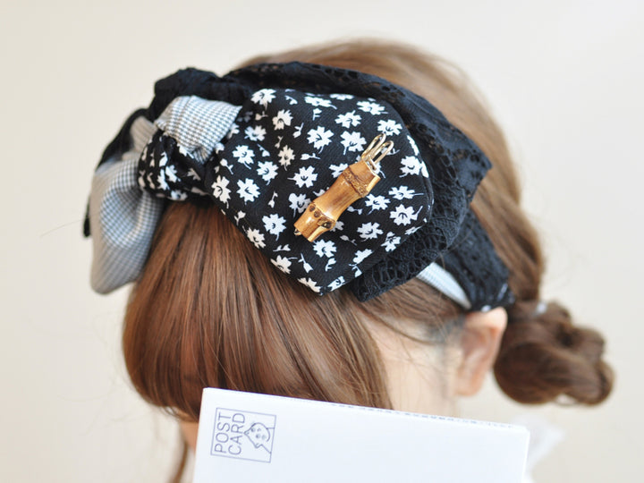 Black and White Floral Large Bow Headband