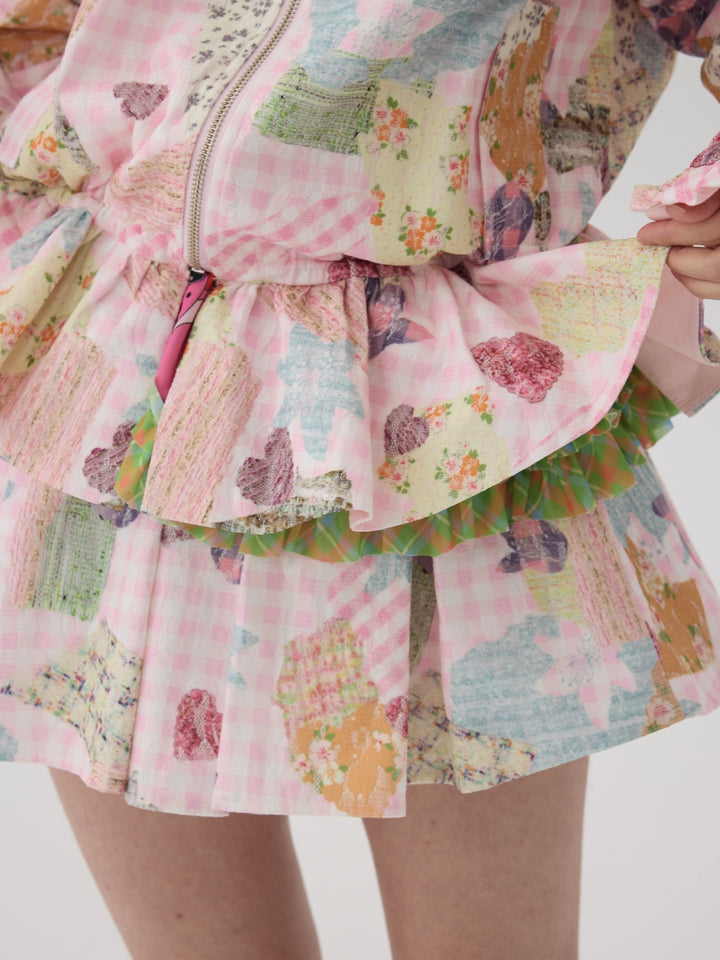 Pink Patchwork Hooded Jacket / Short Skirt