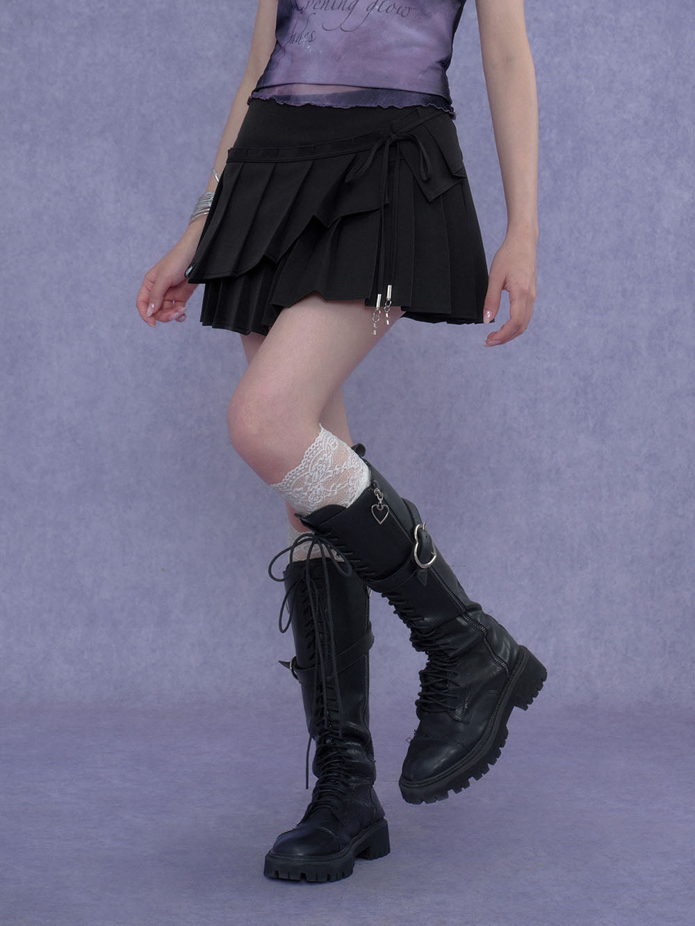 Layered Bow Pleated Mini Skirt