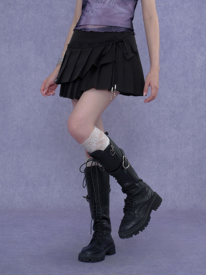 Layered Bow Pleated Mini Skirt