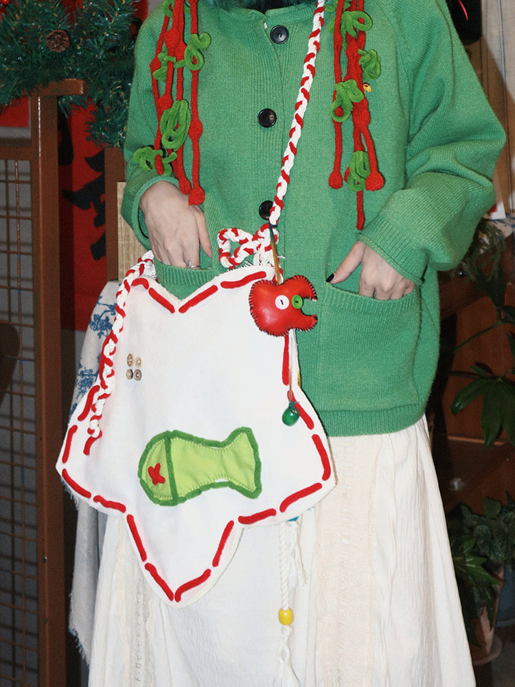 Star-Shaped Fish Embroidery Shoulder Bag