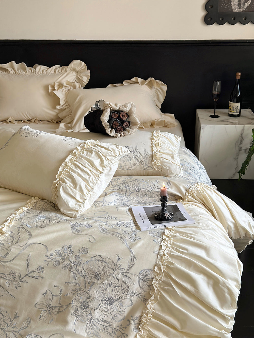 Floral Embroidery Ruffled Lace Cotton Bedding Set