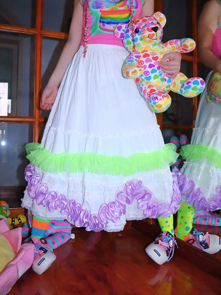 White Fairy Kei Contrast Ruffle Midi Skirt