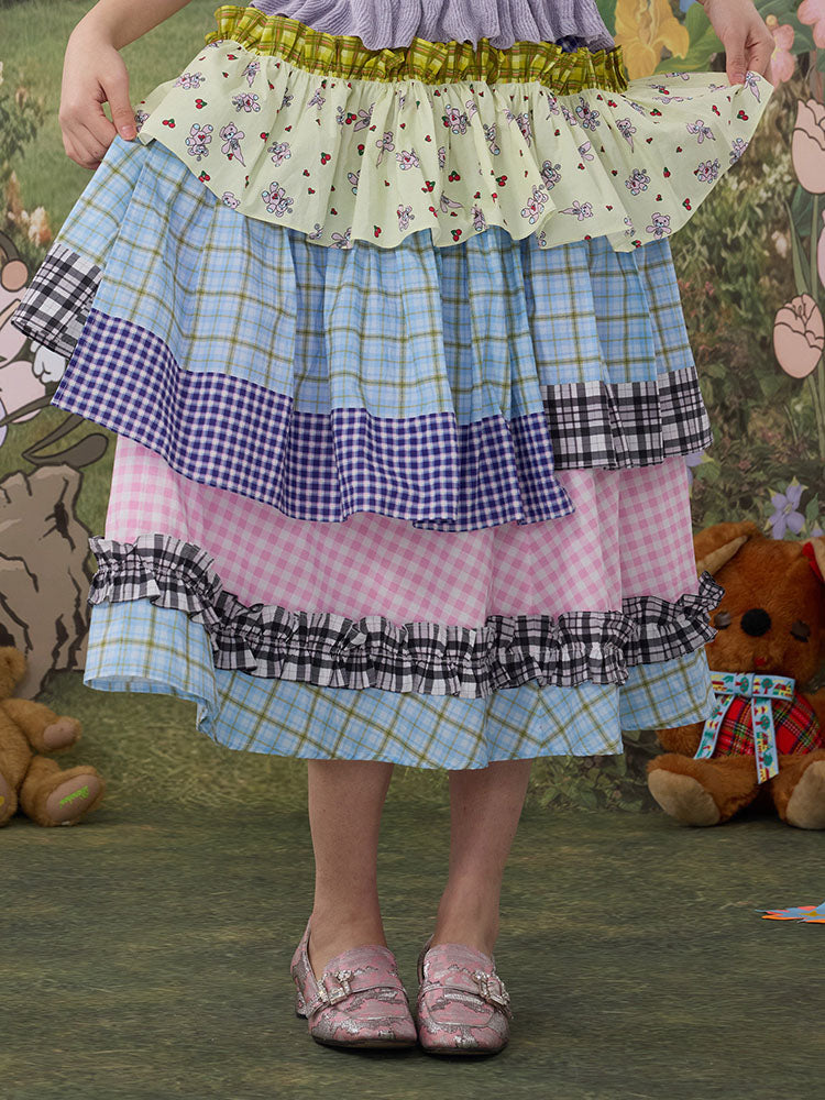 Pastel Plaid Tiered Midi Skirt