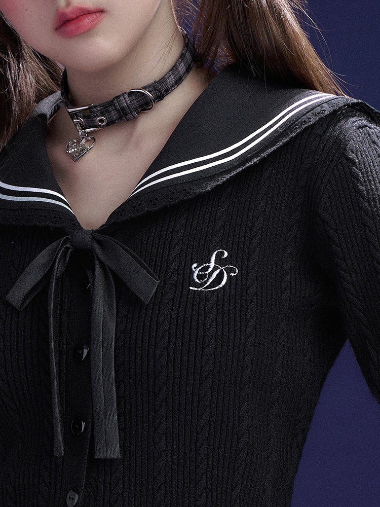 Black Sailor Collar Faux Two-Piece Knit Cable Sweater Cardigan