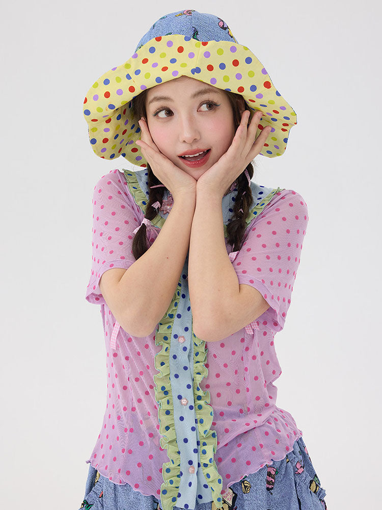 Blue Cartoon Polka Dot Wavy Bucket Hat