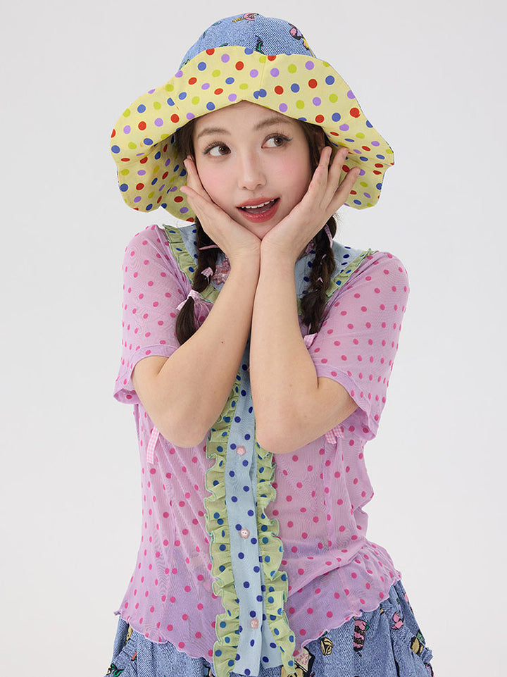 Blue Cartoon Polka Dot Wavy Bucket Hat