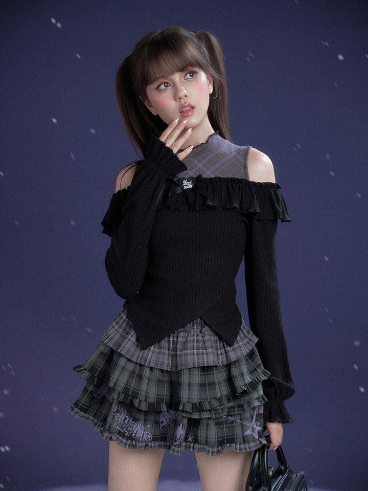 Black Purple Off-Shoulder Long Sleeve Top