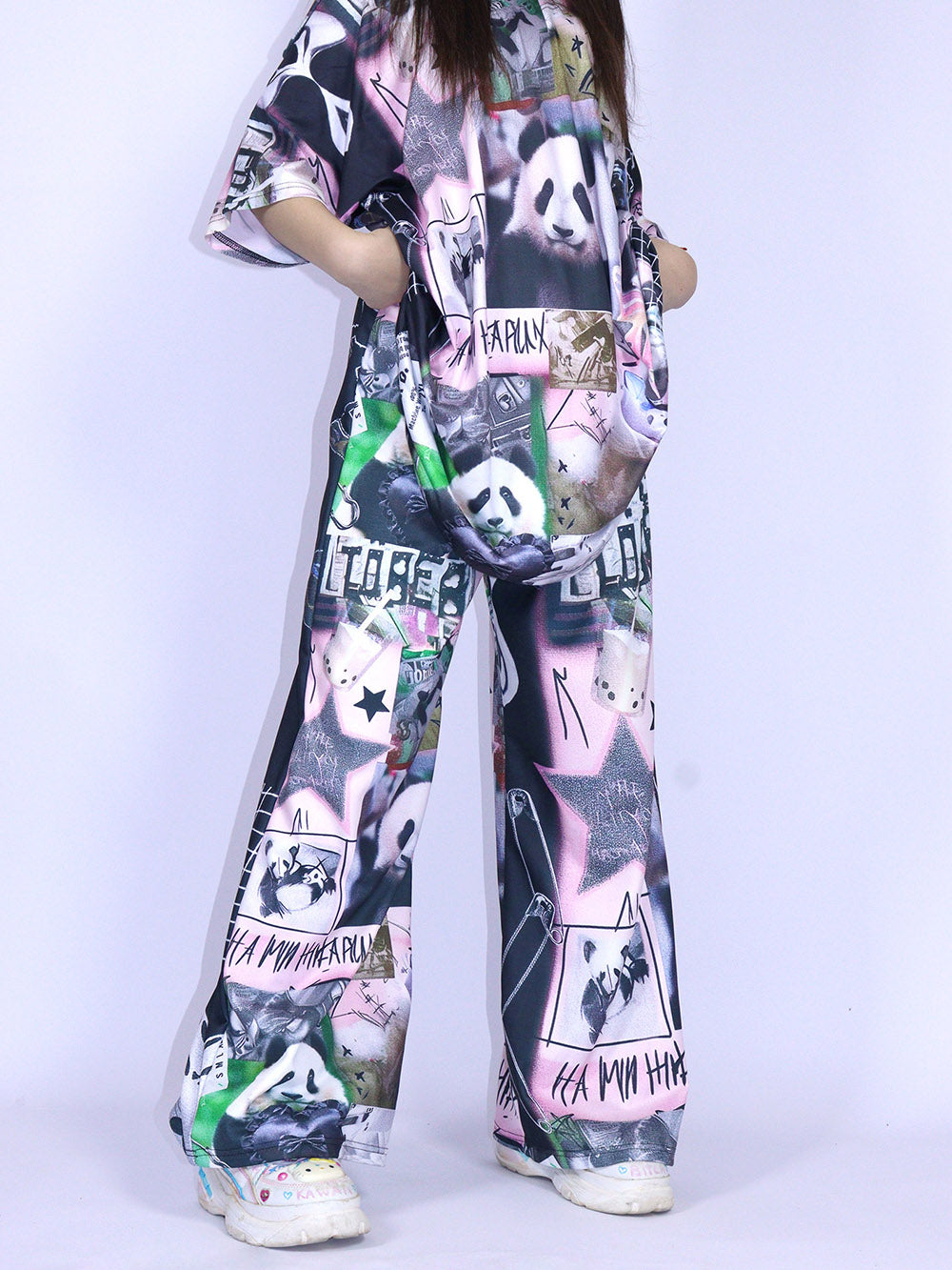 Black Pink Panda Graphic Wide Leg Pants