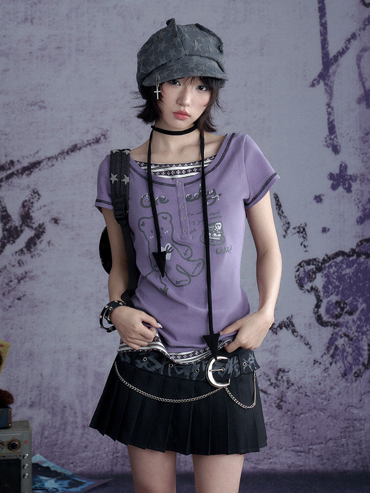 Whimsical Purple Henley Graphic Tops